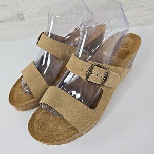 YOKONO Light Brown LEATHER Buckle Wedge Slide on Sandals Cork WOMEN'S Size 9.5